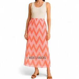 A Byer Chevron Print Chiffon Maxi Skirt Coral Pink Side Slit Boho Beach Size S